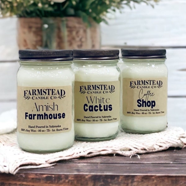Classic Scent 16 oz Mason Jar Candle /Choose Your Scent/ Rustic Decor / Farmhouse Decor Pure Soy / Hand Poured Candle/Farmstead Candle