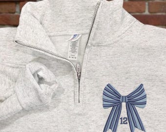 CUSTOM Spirit bow in team colors Sweatshirt, Sports # Embroidered Shirt, Game Day Quarter Zip, Gameday Shirt, Varsity Gameday Outfit