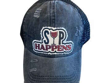 Sip Happens, Wine Drinking Hat,  Girls Drinking hats,  Day Drinker Hat, Drinking Hat, Mom gift, Bestie gift, Funny girls  hat