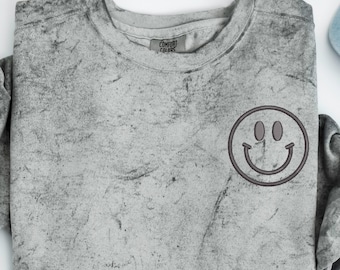 Embroidered smile face Comfort Colors sweatshirt, smile face shirt, Be happy sweatshirt, 3D puff foam embroidered shirt, monochromatic