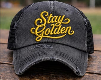 Stay Golden Hat | 3D Puff Embroidered Hat | Dad Hat | Ponytail Hat | Trendy Womens Hat | Vintage Style Hat | Cute Everyday Hat