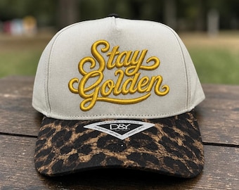 Stay Golden 3D Puff Embroidered Canvas Hat | Trendy Trucker Hat | Boutique Style Womens Hat | Script Embroidery Hat | Uplifting Hat
