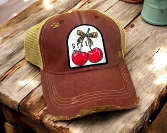 Bite Me hat, Funny womens hat, double cherry Hat, Trendy Western Retro Vintage Hat, Gift For Country Style Girl, Cute but sweet