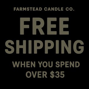 The image is an advertisement for Farmstead Candle Co. offering a free shipping promotion when customers spend over $35.