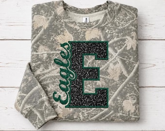 Custom Team Camo Sweatshirt | Sparkle Applique Letter | Embroidered Team Name | Game Day Sweatshirt | Personalized School Spirit Crewneck