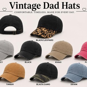 a collection of vintage dad hats in various colors and styles, including black, leopard print, grey, black, khaki, pink, and blue.