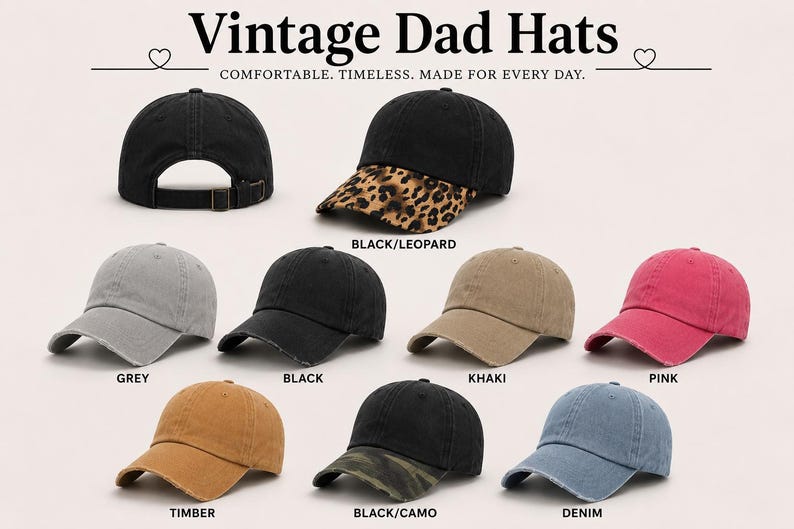 a collection of vintage dad hats in various colors and styles, including black, leopard print, grey, black, khaki, pink, and blue.