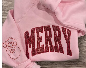 Merry Sweatshirt with Santa Sleeve embroidered, Sparkle Merry Sweatshirt, Trendy christmas shirt
