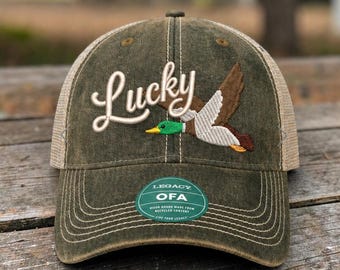 Lucky Duck OFA Hat | 3D Puff Embroidered Vintage Hat | Custom Thread Color Duck Hat | Lucky Duck Trucker Cap