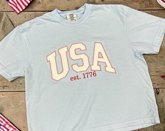 USA 1776 Shirt, Reverse Applique T-Shirt, Patriotic Tee, Est 1776 Shirt, Comfort Colors Boxy Chambray Tee, Fourth of July Shirt