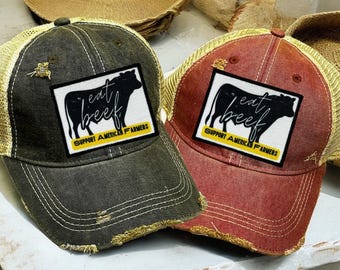 Eat Beef Vintage Hat, Embroidered farmer Hat Patch,  Farmer hat, Farm Life Gifts, Ranch hat, farm Life hat, Support American Farmers Hat