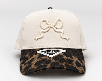 Leopard print 2 toned Canvas hat with 3D Puff Embroidery Bow, Bow lover hat, Trendy bow hat, cute bow hat