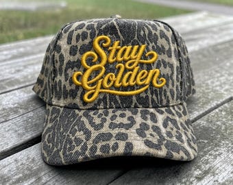 Stay Golden 3D Puff Embroidered Canvas Hat | Trendy Trucker Hat | Boutique Style Womens Hat | Script Embroidery Hat | Uplifting Hat