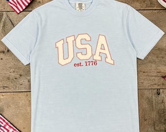 USA 1776 Shirt, Reverse Applique Regular T-Shirt, Patriotic Tee, Est 1776 Shirt, Comfort Colors Chambray Tee, Fourth of July Shirt