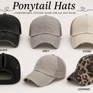 a collection of six different styles of ponytail hats, each with a unique color and pattern.