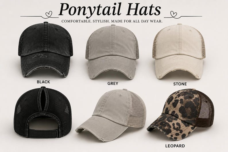 a collection of six different styles of ponytail hats, each with a unique color and pattern.