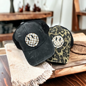 Checkered Smile Face hat, Be Happy Hat, Smiley hat, Hat with Smile Face, Vacation hat, Beach hat, Summer Vibe hat, Beach Vacation hat