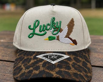 Lucky Duck 3D Puff Embroidered Canvas Hat | Custom Thread Color Trucker Hat | Vintage Duck Hunting Hat | Lucky Duck Hat Gift