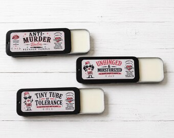 Funny Lip Balm Gift | Sliding Tin Lip Balm | Gag Gift for Friends | Anti Murder Balm | Unhinged & Moisturized | Tiny Tube of Tolerance