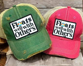 Floats Well with Others Vintatge hat, Funny Pool Hat,  Funny Boating Hat, Neon Foam Trucker Hat, Funny Lake Hat, Funny River Hat, Float Trip