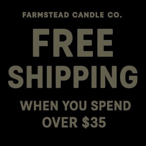 The image is an advertisement for Farmstead Candle Co. offering a free shipping promotion when customers spend over $35.