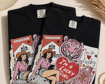 Lucky Girl Western Shirt, Comfort Colors Khaki Tee, Retro Cowgirl Graphic Tee, Lucky 777 Shirt, Trendy Western Boutique Tee