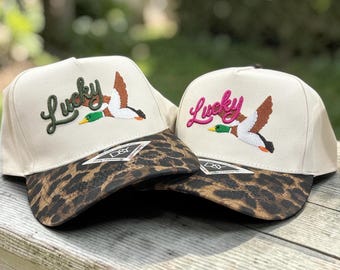 Lucky Duck 3D Puff Embroidered Canvas Hat | Custom Thread Color Trucker Hat | Vintage Duck Hunting Hat | Lucky Duck Hat Gift