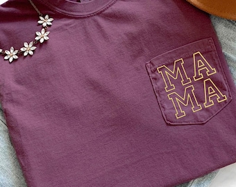 Cute MAMA Comfort Colors Pocket Tee, Embroidered Mama Shirt, Minimalistic, Mommy Tee, New Mom T-shirt, Gift for Moms, Minimalist Mama Tee