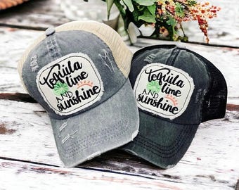 Tequila Lime and Sunshine hat, Retro Summer hat , Vacation hat, Beach hat, Summer Vibe hat, Beach Vacation hat, Girls Drinking Hat,