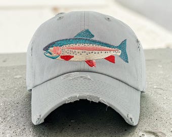 Womens Fishing hat, Trendy Embroidered Trout hat, Here Fishy Fishy Ponytail hat, Fisherman Gift, Gone Fishing Hat, lake hat, river hat