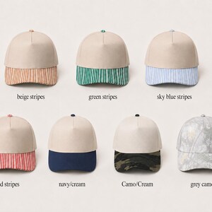 a collection of six different baseball caps, each with distinct color and pattern designs.