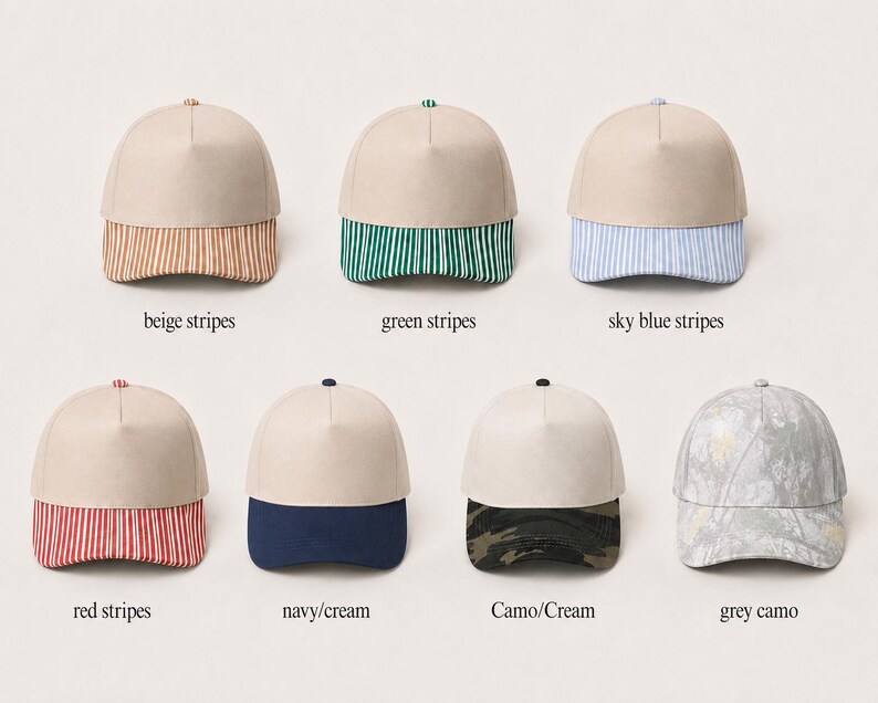 a collection of six different baseball caps, each with distinct color and pattern designs.