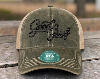 Good Grief 3D Puff Vintage Hat | Distressed Embroidered Hat | Trendy Womens Hat | Script Puff Embroidery Hat | Retro Dad Hat