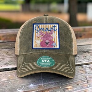 May include: An olive green baseball cap with a mesh back and a rectangular patch featuring a pink donkey wearing sunglasses, yellow vertical stripes, and white stars. The word "Smart" is printed in blue script above the donkey graphic.