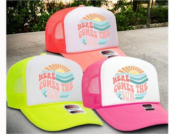 Here Comes the Sun Trucker Hat, Lake Life Hat, Beach Vacation Hat, Retro Boating hat, Vacation hat, Beach hat, Summer Vibe hat, Boating Hat
