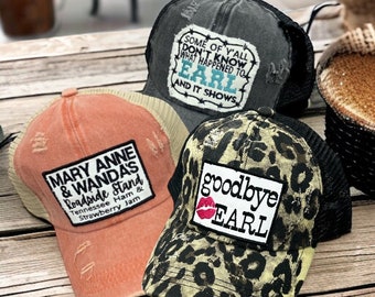 Womens Country Song Lyrics Hats, Goodbye Earl, Mary Anne and Wanda Roadside Stand, Some of Yall don't know what Happened to Earl, Country