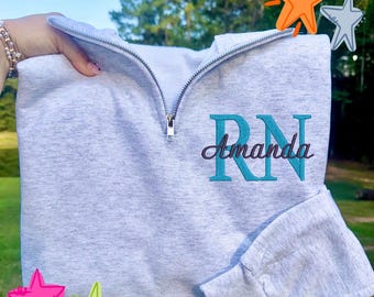 Nurse Quarter Zip Embroidered | Personalized Nurse Name Pullover | Custom Nurse Sweatshirt RN LPN NP | Jerzees NuBlend