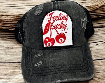 Feeling lucky distressed trucker hat, trendy cherries hat, gamling hat, lucky 8 cherries hat, Lucky girl hat, lucky boy hat, Las Vegas Hat