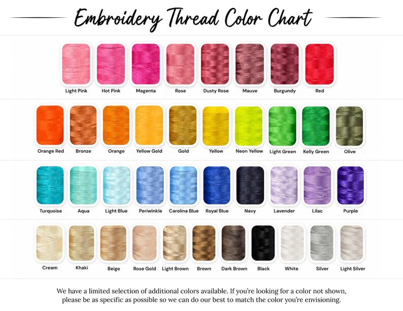 The image is an embroidery thread color chart that displays a limited selection of available embroidery thread colors.