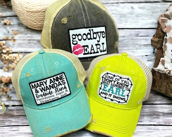 Womens Country Song Lyrics Hats, Goodbye Earl, Mary Anne and Wanda Roadside Stand, Some of Yall don't know what Happened to Earl, Country