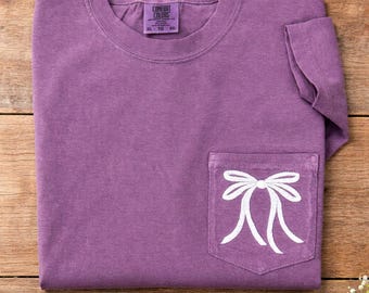 Cute Ribbon Bow Comfort Colors Pocket Tee | Coquette Bow Tee | Trendy Bow Tee | Gift for Her | Embroidered Tee | Bow Shirt | Boutique Shirt