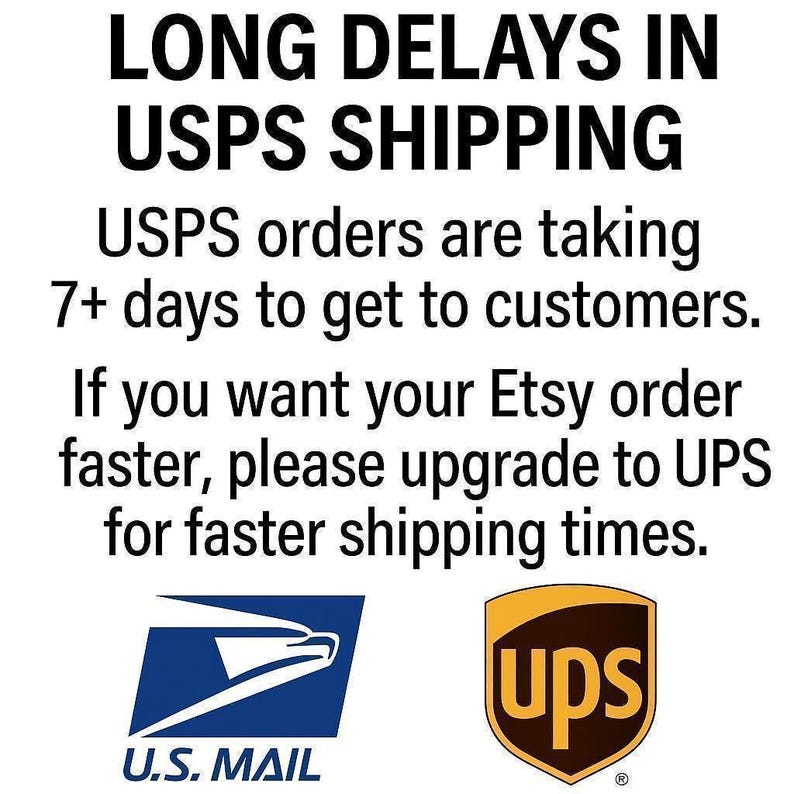 The image is a sign that informs customers about the long delays in USPS shipping, stating that orders are taking 7+ days to reach customers. It also suggests upgrading to UPS for faster shipping times.