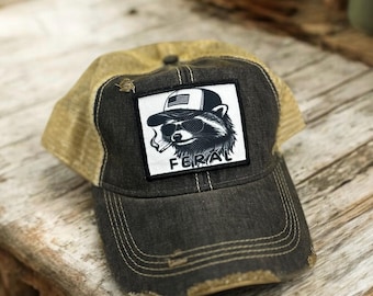 Feral Vintage Washed Hat, Wild one Hat, Funny Racoon Vintage Hat, Cute but Feral Hat, Feral summer hat, sarcastic hat,Funny Racoon Smoking