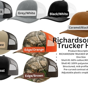 a collection of Richardson 112 Trucker Hats in various colors and styles, including grey/black, grey/white, black/white, caramel/black, khaki/coffee, edge/orange, edge/brown, and black/coffee.