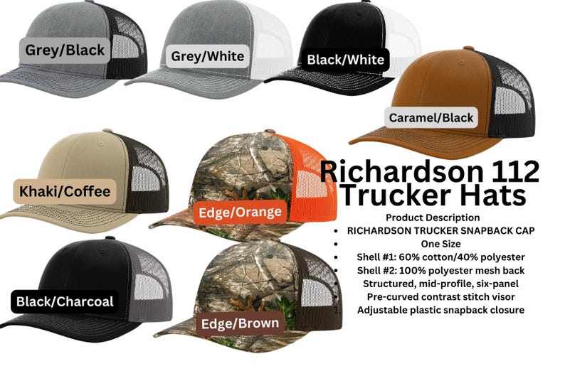 a collection of Richardson 112 Trucker Hats in various colors and styles, including grey/black, grey/white, black/white, caramel/black, khaki/coffee, edge/orange, edge/brown, and black/coffee.