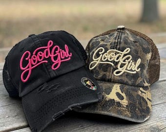 Good Girl 3D Puff Embroidered Dad Hat, Ponytail Hat, Adjustable Baseball Cap, Custom Thread Color, Trendy Cute Hat, cute girls trip hat