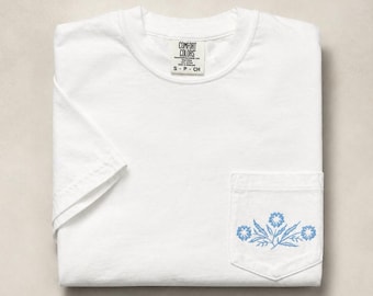 Embroidered Vintage Cornflower Glassware Kitchenware Inspired Pocket Tee Shirt, Comfort Colors,  Cute Casual Shabby Chic Vintage Feel Tshirt