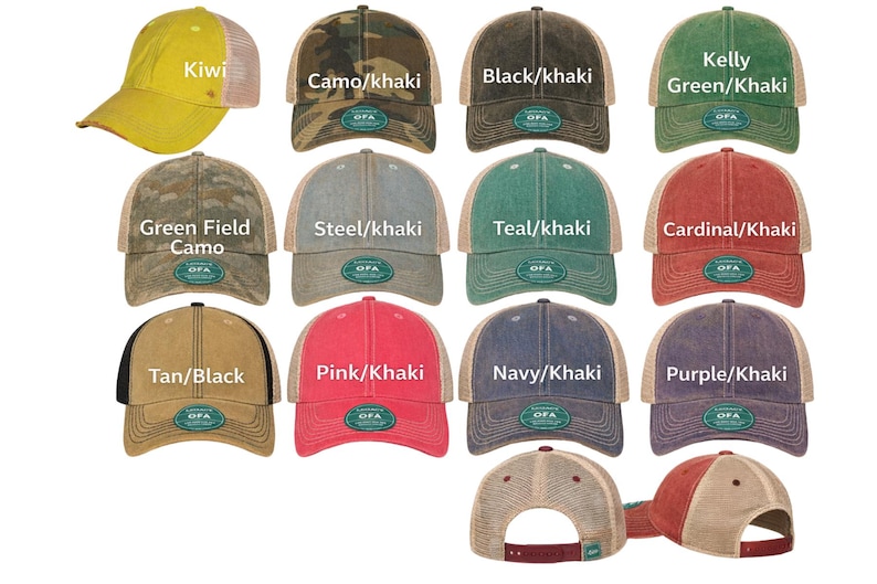 a collection of various colored and patterned baseball caps, each with a different label indicating the color or pattern.