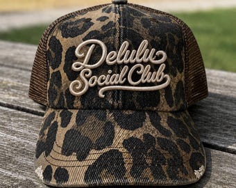Delulu Social Club Hat, 3D puff Embroidered Trucker Hat, Optimistic girl  Cap, Girls Trip Hat, Delulu Era, fantasy girl hat, overthinker hat
