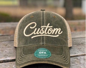 Custom Vintage Trucker Hat | 3D Puff Embroidered Hat | Personalized Cursive Script Hat | Distressed Snapback Cap